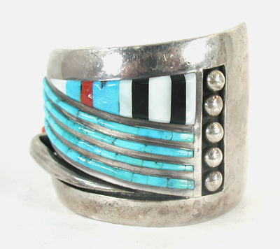 Authentic Native American Sterling Silver Turquoise and Coral Inlay Bracelet 6 inch by Navajo artisan Jimmie King Jr.