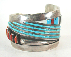 Authentic Native American Sterling Silver Turquoise and Coral Inlay Bracelet 6 inch by Navajo artisan Jimmie King Jr.
