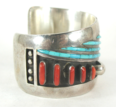 Authentic Native American Sterling Silver Turquoise and Coral Inlay Bracelet 6 inch by Navajo artisan Jimmie King Jr.