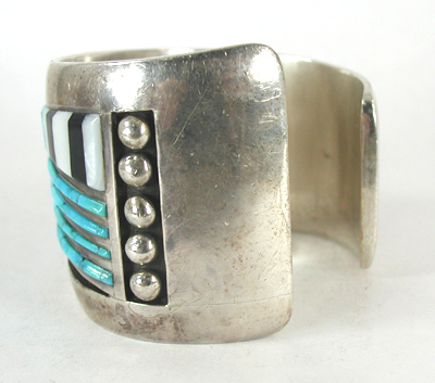 Authentic Native American Sterling Silver Turquoise and Coral Inlay Bracelet 6 inch by Navajo artisan Jimmie King Jr.