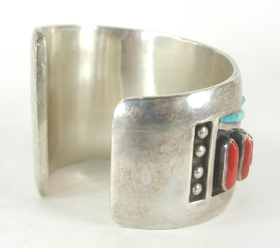 Authentic Native American Sterling Silver Turquoise and Coral Inlay Bracelet 6 inch by Navajo artisan Jimmie King Jr.