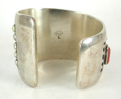 Authentic Native American Sterling Silver Turquoise and Coral Inlay Bracelet 6 inch by Navajo artisan Jimmie King Jr.