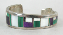 Authentic Native American Sterling Silver malachite, charoite, mother of pearlInlay Bracelet 6 inch by Navajo artisan Ray Tracey