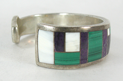 Authentic Native American Sterling Silver malachite, charoite, mother of pearl inlay Bracelet 6 inch by Navajo artisan Ray Tracey