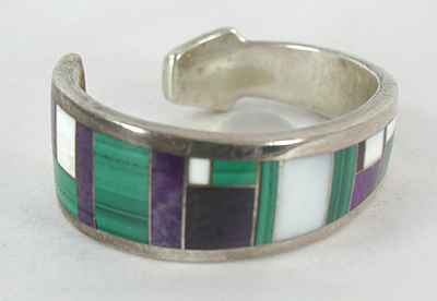 Authentic Native American Sterling Silver malachite, charoite, mother of pearl inlay Bracelet 6 inch by Navajo artisan Ray Tracey