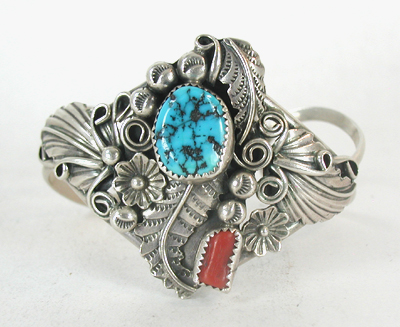 sterling Silver and Turquoise and Coral Bracelet 6 3/8 inch