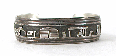 Sterling Silver overlay and turquoise bear bracelet 6 1/2 inch by Navajo silversmith Francis Tabaha