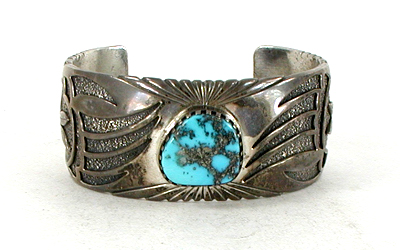 authentic Native American sterling silver Overlay Bear Paw Turquoise Bracelet 6 3/4 inch by Navajo silversmith Charlie Bowie