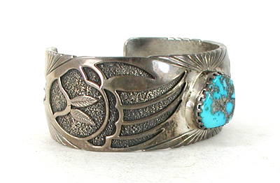 authentic Native American sterling silver Overlay Bear Paw Turquoise Bracelet 6 3/4 inch by Navajo silversmith Charlie Bowie