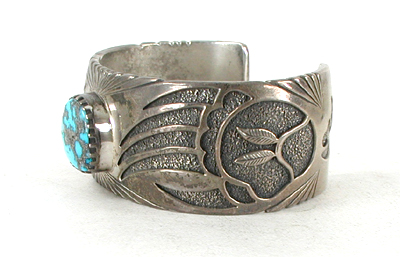 authentic Native American sterling silver Overlay Bear Paw Turquoise Bracelet 6 3/4 inch by Navajo silversmith Charlie Bowie