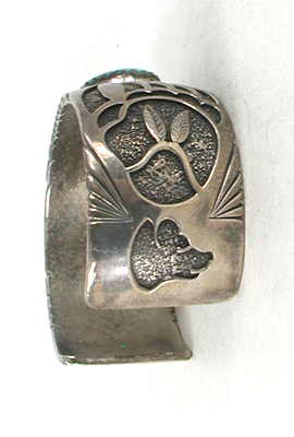 authentic Native American sterling silver Overlay Bear Paw Turquoise Bracelet 6 3/4 inch by Navajo silversmith Charlie Bowie