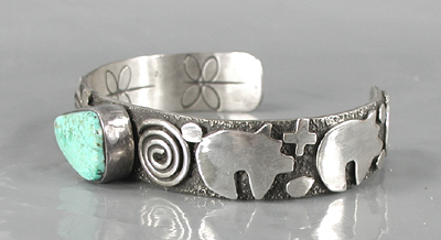 Authentic Native American sterling silver Symbols Bracelet with Turquoise by Navajo Alex Sanchez size 6 3/4
