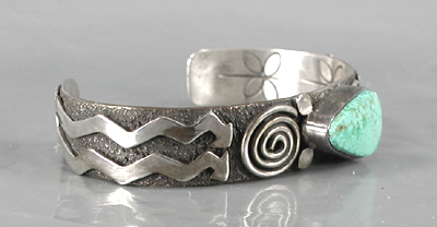 Authentic Native American sterling silver Symbols Bracelet with Turquoise by Navajo Alex Sanchez size 6 3/4