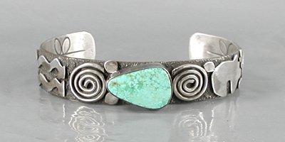 Authentic Native American sterling silver Symbols Bracelet with Turquoise by Navajo Alex Sanchez size 6 3/4