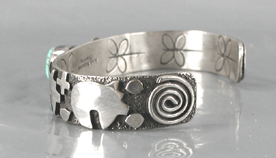 Authentic Native American sterling silver Symbols Bracelet with Turquoise by Navajo Alex Sanchez size 6 3/4
