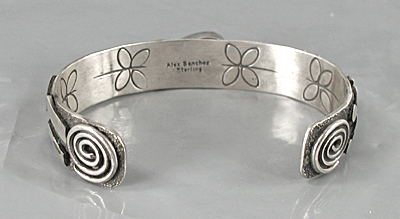 Authentic Native American sterling silver Symbols Bracelet with Turquoise by Navajo Alex Sanchez size 6 3/4