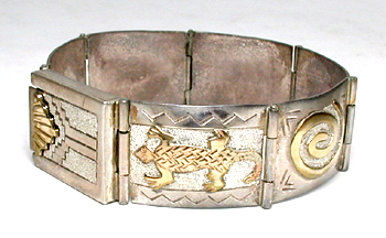 size 6 3/4 inch sterling silver and gold storyteller link bracelet by Navajo silversmith Alonzo Mariano