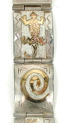 size 6 3/4 inch sterling silver and gold storyteller link bracelet by Navajo silversmith Alonzo Mariano