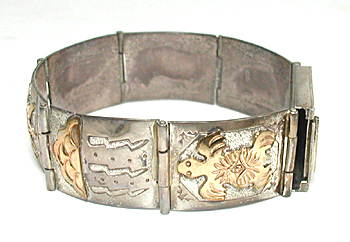 size 6 3/4 inch sterling silver and gold storyteller link bracelet by Navajo silversmith Alonzo Mariano