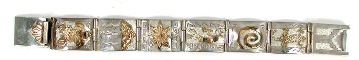 size 6 3/4 inch sterling silver and gold storyteller link bracelet by Navajo silversmith Alonzo Mariano