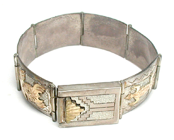 size 6 3/4 inch sterling silver and gold storyteller link bracelet by Navajo silversmith Alonzo Mariano