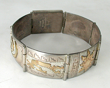 size 6 3/4 inch sterling silver and gold storyteller link bracelet by Navajo silversmith Alonzo Mariano