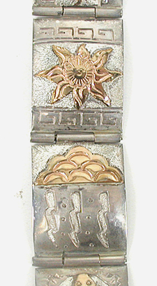size 6 3/4 inch sterling silver and gold storyteller link bracelet by Navajo silversmith Alonzo Mariano