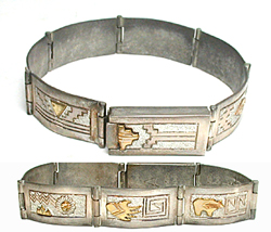 size 6 3/4 inch sterling silver and gold storyteller link bracelet by Navajo silversmith Alonzo Mariano