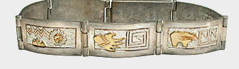 size 6 3/4 inch sterling silver and gold storyteller link bracelet by Navajo silversmith Alonzo Mariano