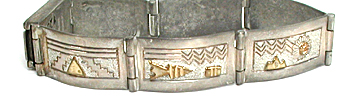 size 6 3/4 inch sterling silver and gold storyteller link bracelet by Navajo silversmith Alonzo Mariano
