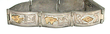 size 6 3/4 inch sterling silver and gold storyteller link bracelet by Navajo silversmith Alonzo Mariano