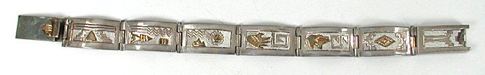 size 6 3/4 inch sterling silver and gold storyteller link bracelet by Navajo silversmith Alonzo Mariano
