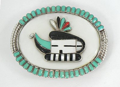 Authentic Vintage NOS Zuni sterling silver inlay kachina belt buckle