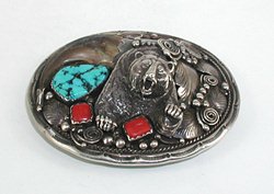 Vintage sterling silver, tuquoise, coral and claw belt buckle