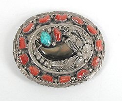 Vintage sterling silver, turquoise and coral Bear Claw Belt buckle