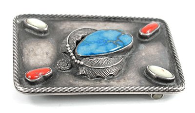 Vintage sterling silver, turquoise, mother of pearl and coral belt buckle
