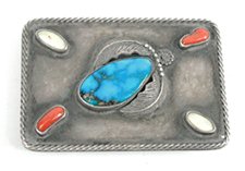 Vintage sterling silver, turquoise, mother of pearl and coral belt buckle