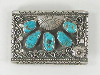Authentic Native American Vintage sterling silver and Turquoise belt buckle by Navajo artist Alvin Yazzie