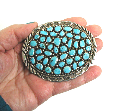 Authentic Native American sterling silver and Turquoise belt buckle by Navajo artisan Vivian Jones