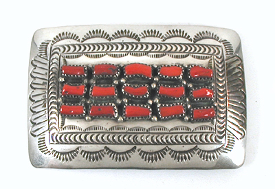 Authentic Native American sterling silver and Coral belt buckle by Navajo artisan Silvia Chee