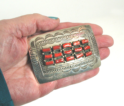 Authentic Native American sterling silver and Coral belt buckle by Navajo artisan Silvia Chee