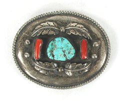 Authentic Native American sterling silver and Turquoise and Coral Belt buckle by Navajo artisan A. Chapo