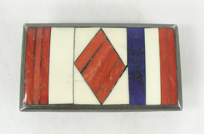 Vintage sterling silver inlay belt buckle with orange spiny oyster, bone and blue stone