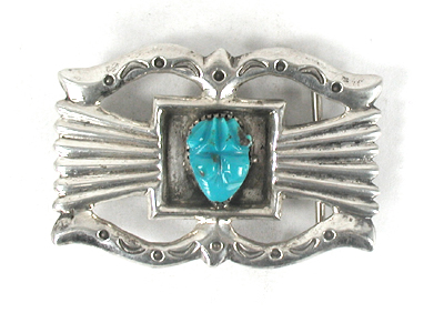 Vintage tufa cast sterling silver belt buckle with turquoise frog
