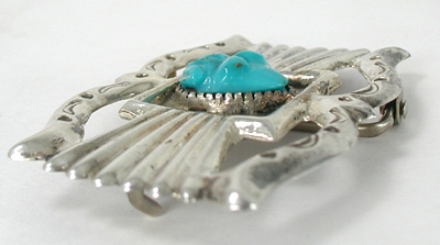 Vintage tufa cast sterling silver belt buckle with turquoise frog