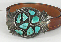 Authentic Vintage Native American sterling silver and turquoise snake buckle with belt by Zuni silversmith Juan Calavaza