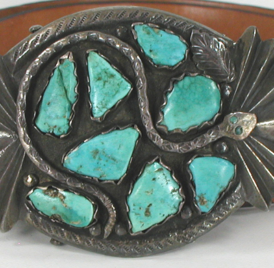 Authentic Vintage Native American sterling silver and turquoise snake buckle with belt by Zuni silversmith Juan Calavaza