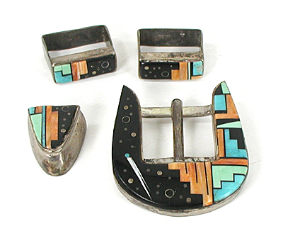 four-piece sterling silver ranger buckle set of micro inlay of turquoise, spiny oyster, and jet