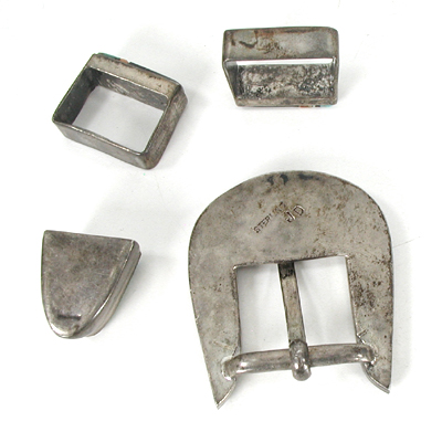 four-piece sterling silver ranger buckle set of micro inlay of turquoise, spiny oyster, and jet