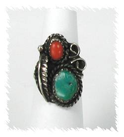 Sterling Silver  Turquoise Inlay Coral Turquoise and Coral  Ring